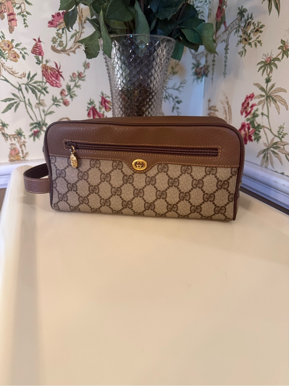 Gucci Beige GG Canvas and Brown Leather Toiletry Case
